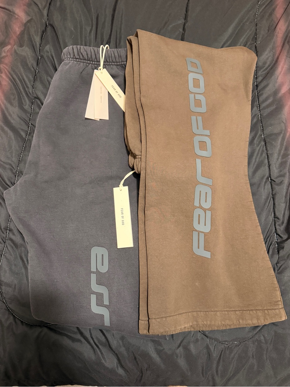 (2) Fear of God Flare Sweatpants in Brown and Vintage Black